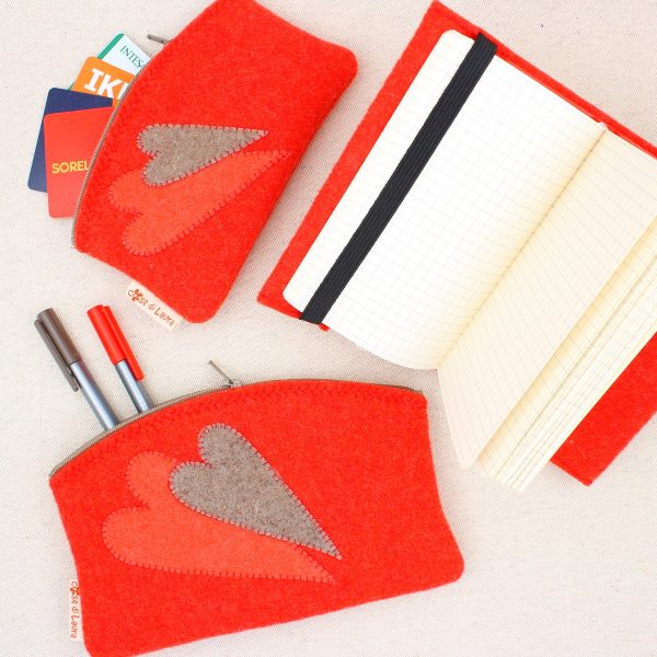 Set astucci e quadernetto corallo con cuori - Cose di Laura creatività in feltro