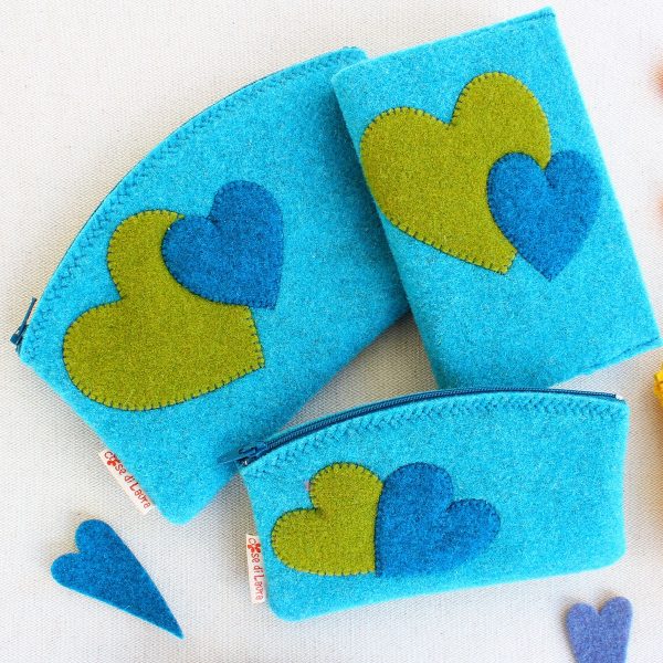 Set astucci e quadernetto turchese con cuori - Cose di Laura creatività in feltro