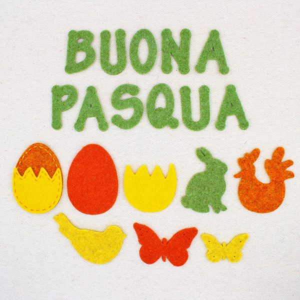Sagome pasquali in feltro: scritta BUONA PASQUA, uovo, coniglio, gallina, uccellino, farfalla